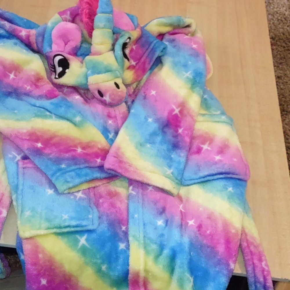 Rainbow hooded unicorn girls bathrobe